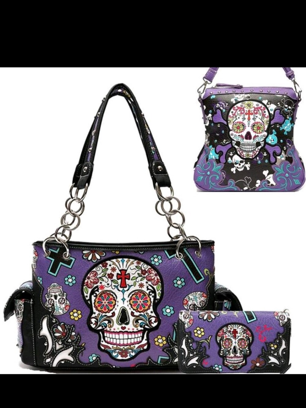 Purple Sugar Skull Satchel Handbag and Wallet Set